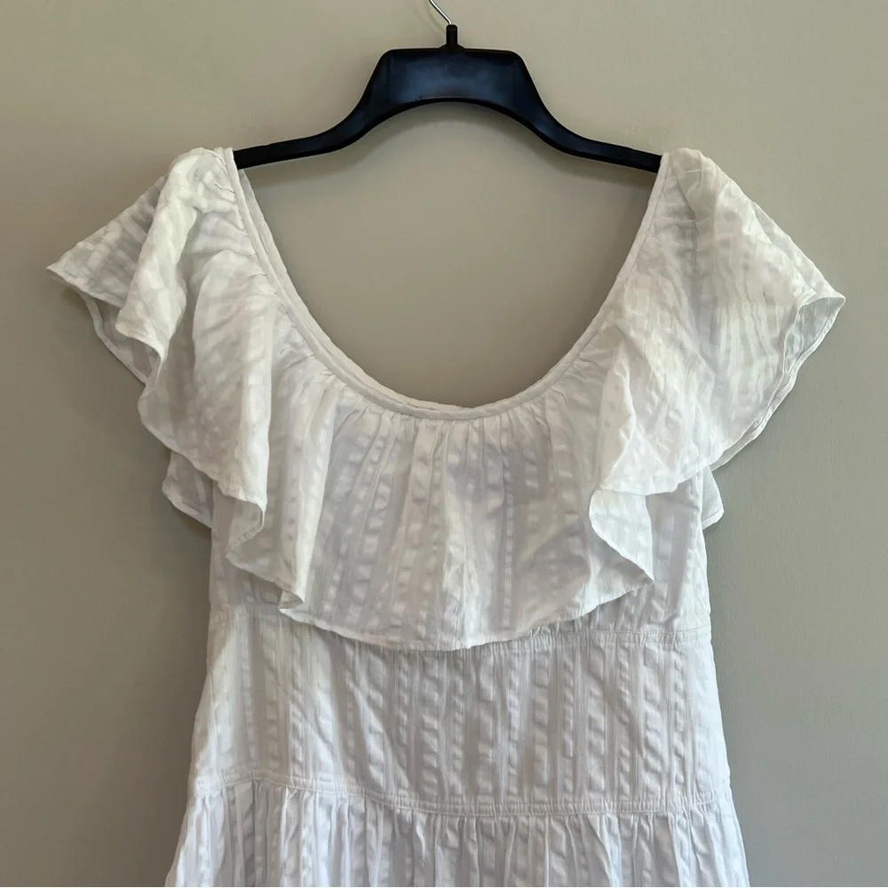 Tory Burch Off Shoulder White Cotton Seersucker Striped Ruffle Dress, size 2 - Picture 7 of 13